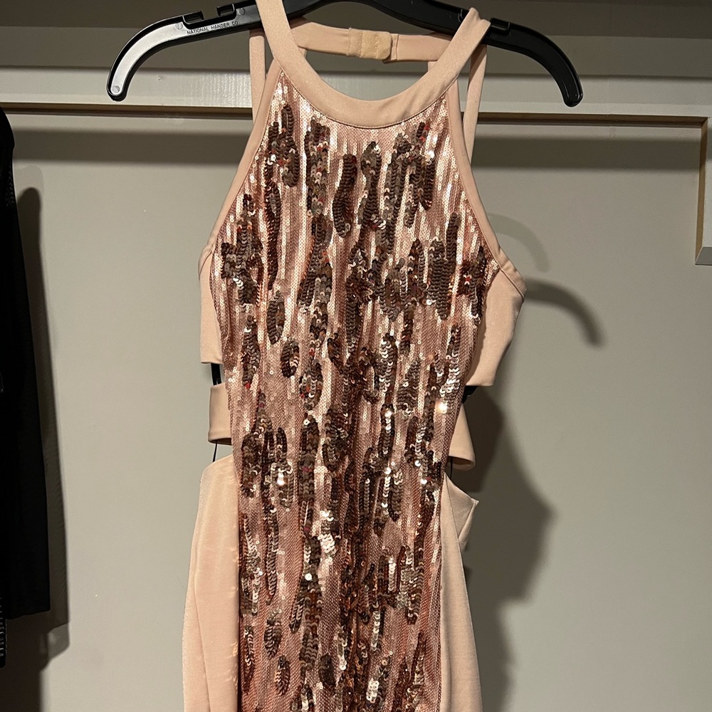 Bebe Dress size Small Tan with gold and silver designs